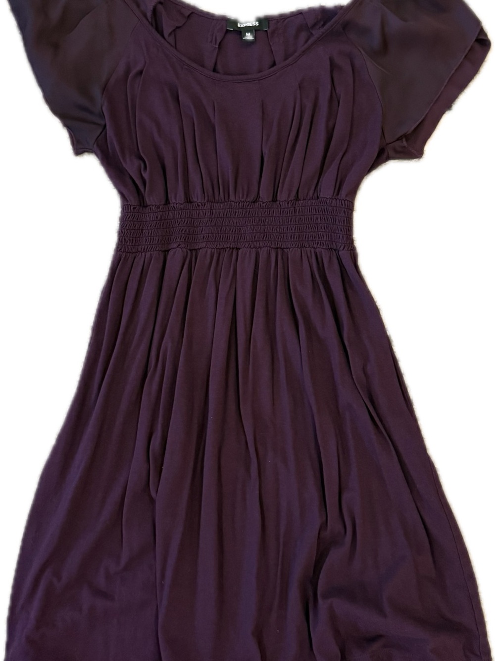 Express Womens Dark Plum Smocked-Waist Short Sleeve Dress